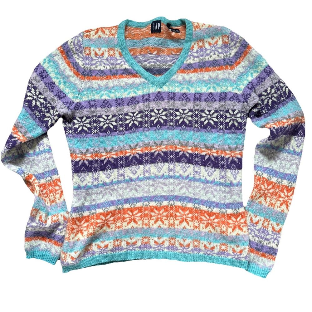VTG Gap Y2K 100% Lambswool Sweater Fair Isle V-Neck Pullover Womens Sz Med VGUC